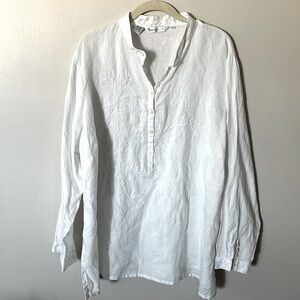 ISHYU White 100% Linen Mandarin Collar Button Down Shirt Size 2X Embroidered